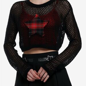 Social Collision Red Plaid Star Fishnet Girls Crop Sweater